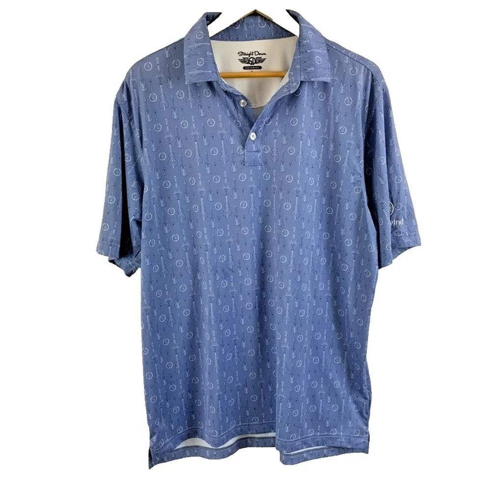Straight Down Performance Polo Shirt Mens L Blue Guitar Banjo Print Golf Logo